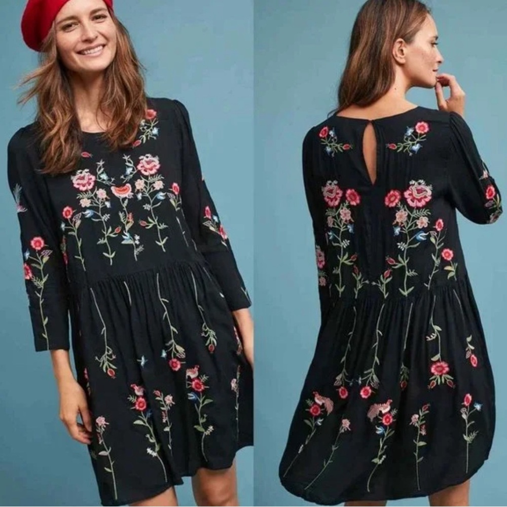 Maeve/Anthropologie Embroidered Long Sleeve Knee Length Dress